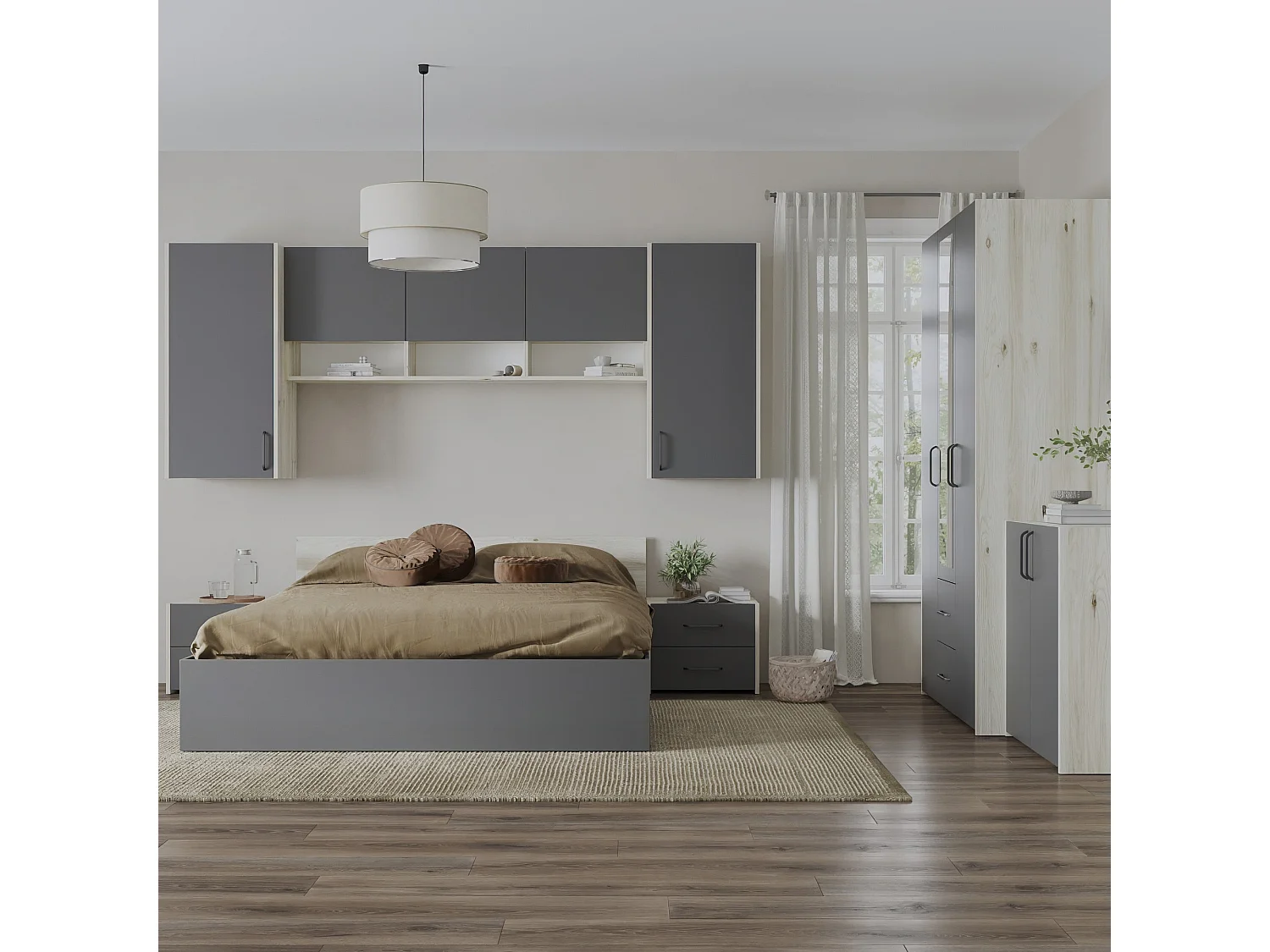 Set camera da letto haaus Malmo V14, Letto 200 x 140 cm, Rovere Bianco/Antracite