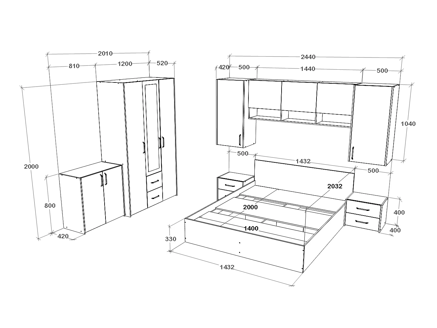 Set camera da letto haaus Malmo V14, Letto 200 x 140 cm, Rovere Bianco/Antracite