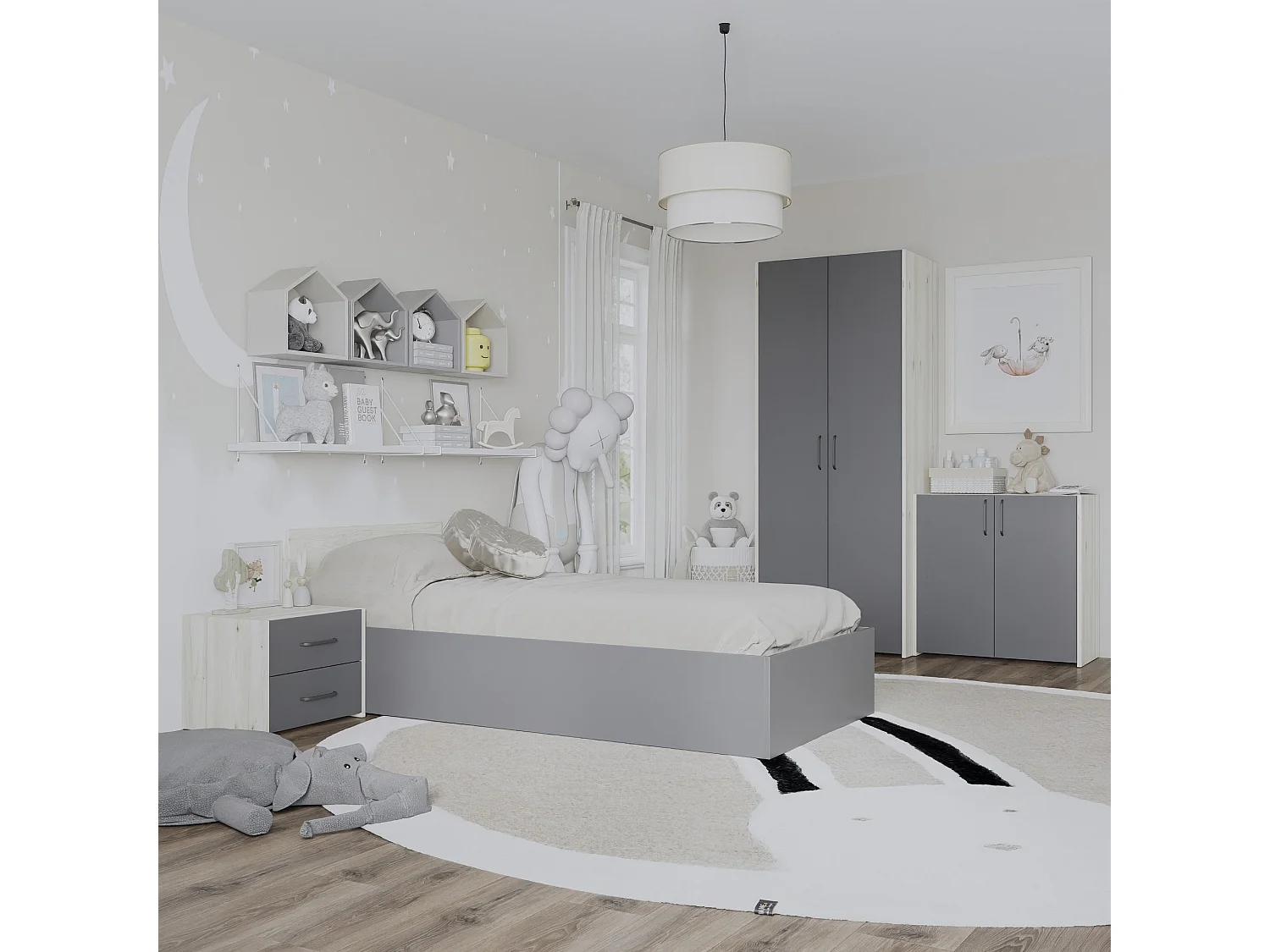 Set camera da letto haaus Malmo V19, Letto 200 x 90 cm, Rovere Bianco/Antracite