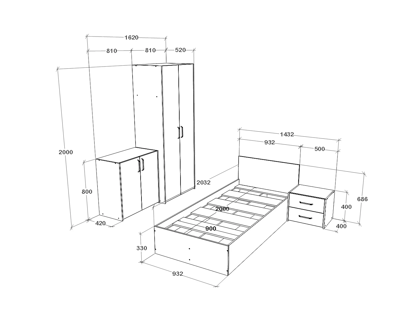 Set camera da letto haaus Malmo V19, Letto 200 x 90 cm, Rovere Bianco/Antracite