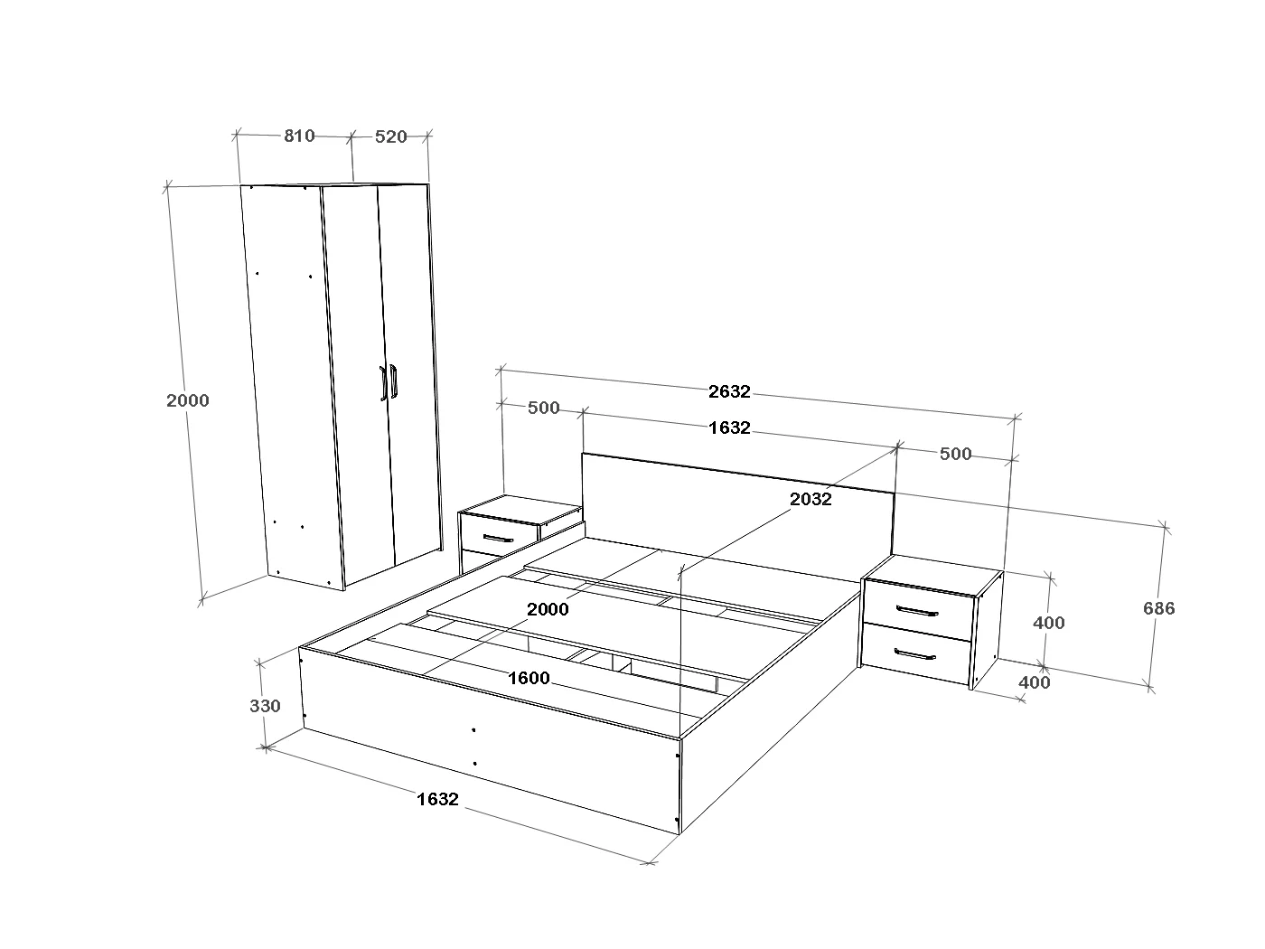 Set camera da letto haaus Malmo V1, Letto 200 x 160 cm, Rovere Bianco/Antracite