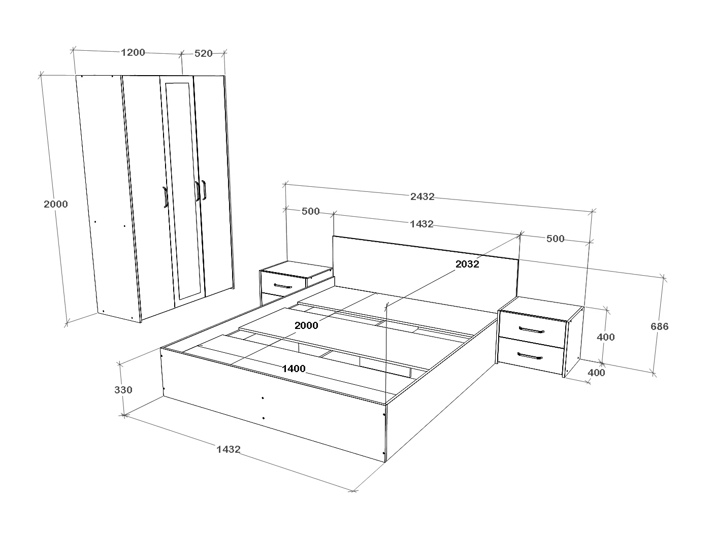 Set camera da letto haaus Malmo V3, Letto 200 x 140 cm, Rovere Bianco/Antracite
