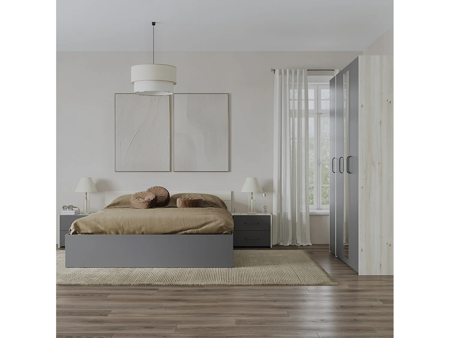 Set camera da letto haaus Malmo V7, Letto 200 x 160 cm, Rovere Bianco/Antracite