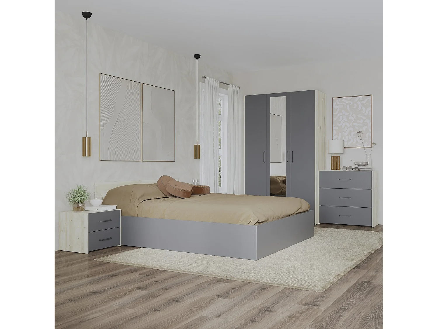 Set camera da letto haaus Malmo V4, Letto 200 x 160 cm, Rovere Bianco/Antracite