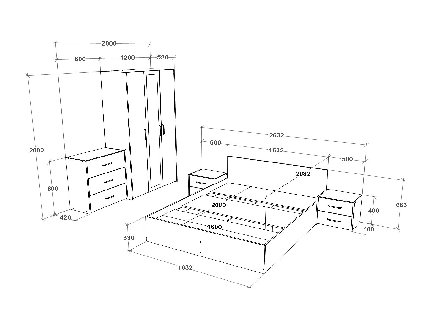 Set camera da letto haaus Malmo V4, Letto 200 x 160 cm, Rovere Bianco/Antracite