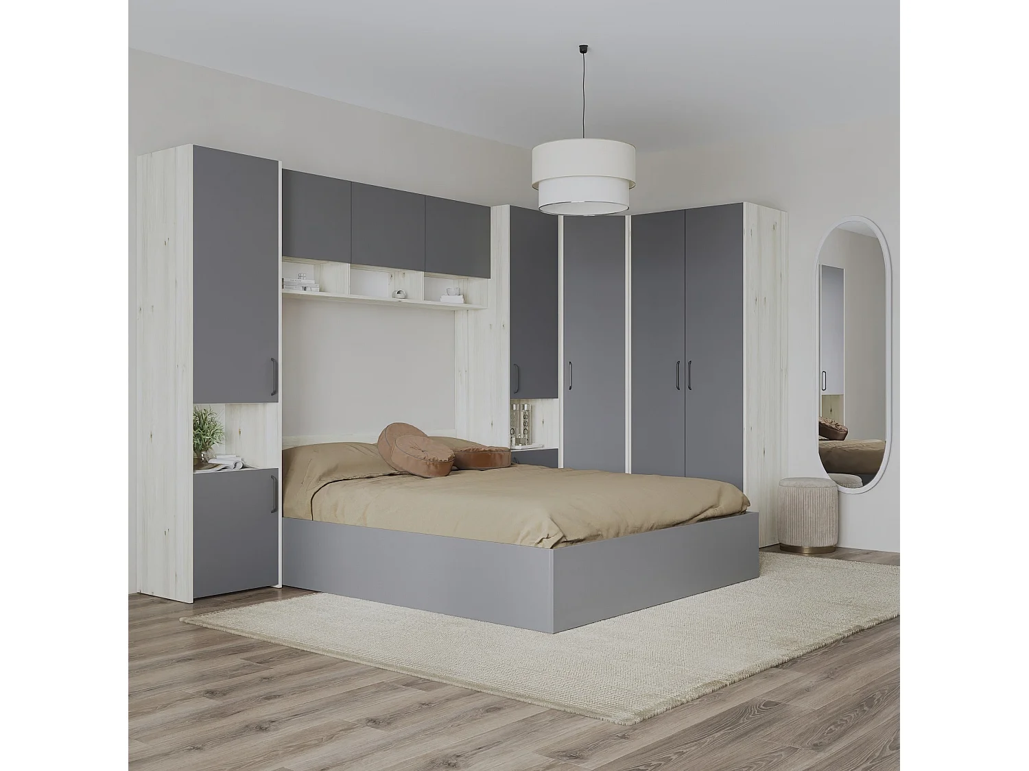 Set camera da letto haaus Malmo V15, Letto 200 x 160 cm, Rovere Bianco/Antracite