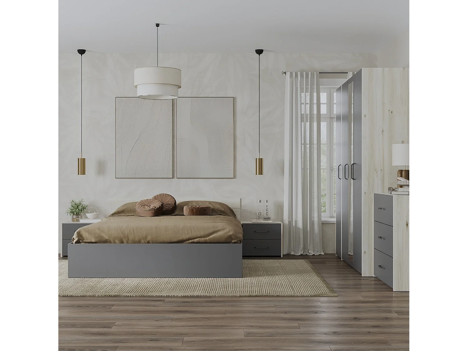 Set camera da letto haaus Malmo V9, Letto 200 x 160 cm, Rovere Bianco/Antracite