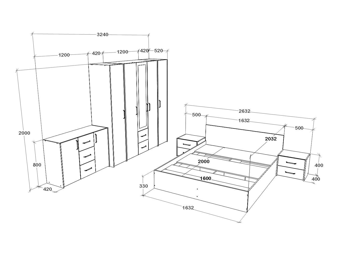 Set camera da letto haaus Malmo V9, Letto 200 x 160 cm, Rovere Bianco/Antracite