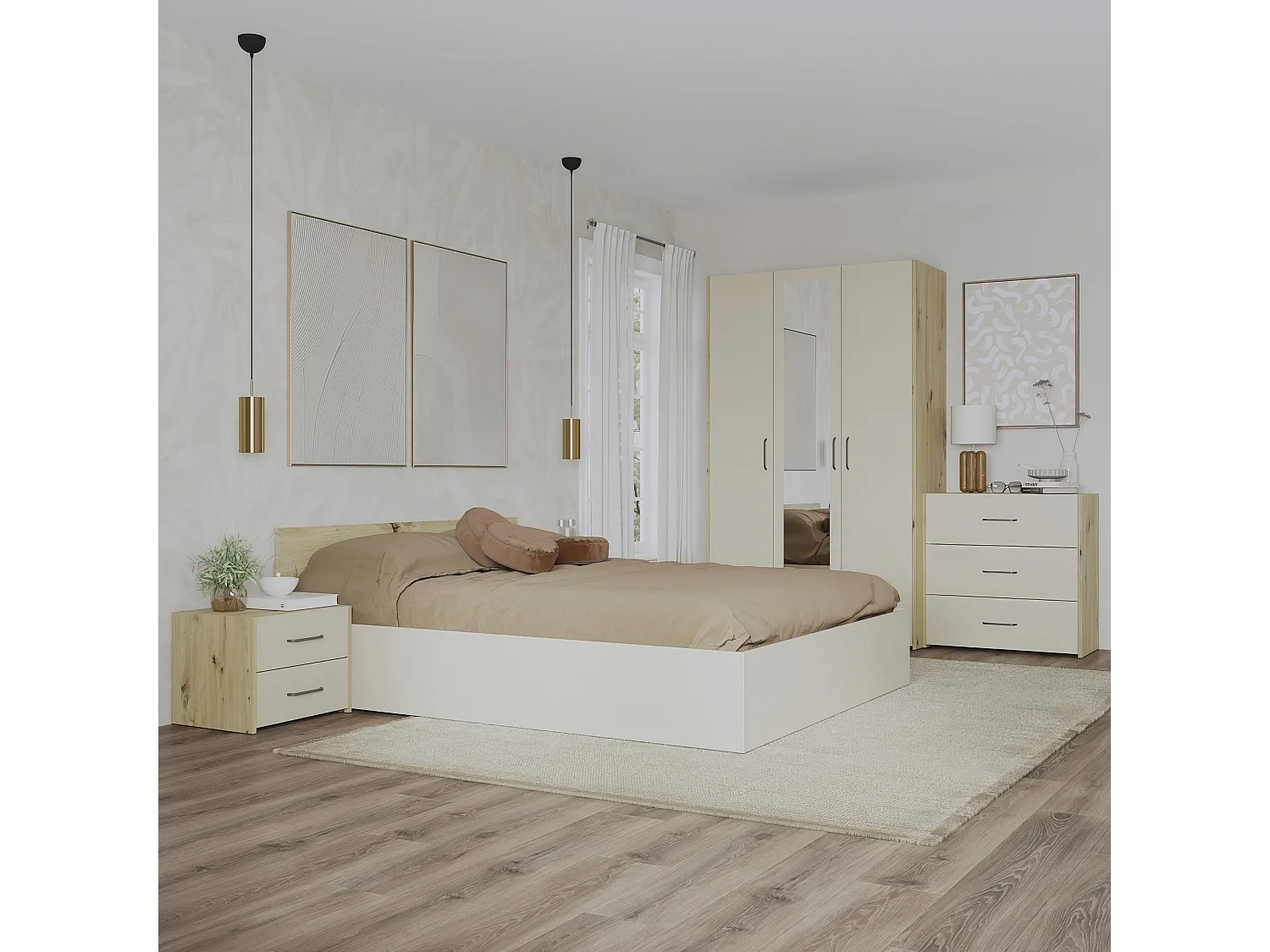 Set camera da letto haaus Malmo V4, Letto 200 x 140 cm, Rovere Artisan/Argilla