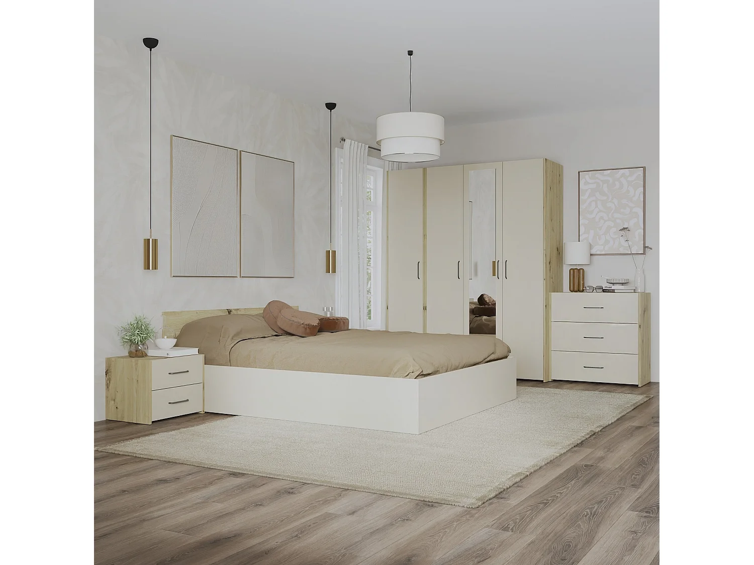 Set camera da letto haaus Malmo V8, Letto 200 x 140 cm, Rovere Artisan/Argilla