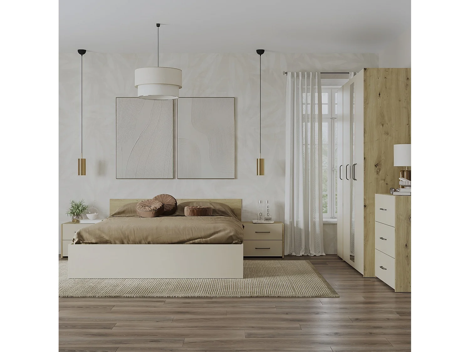 Set camera da letto haaus Malmo V8, Letto 200 x 140 cm, Rovere Artisan/Argilla