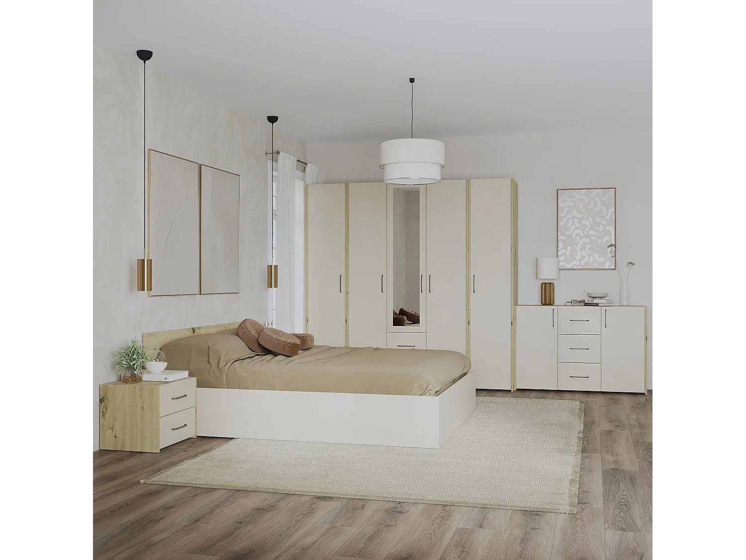 Set camera da letto haaus Malmo V9, Letto 200 x 160 cm, Rovere Artisan/Argilla