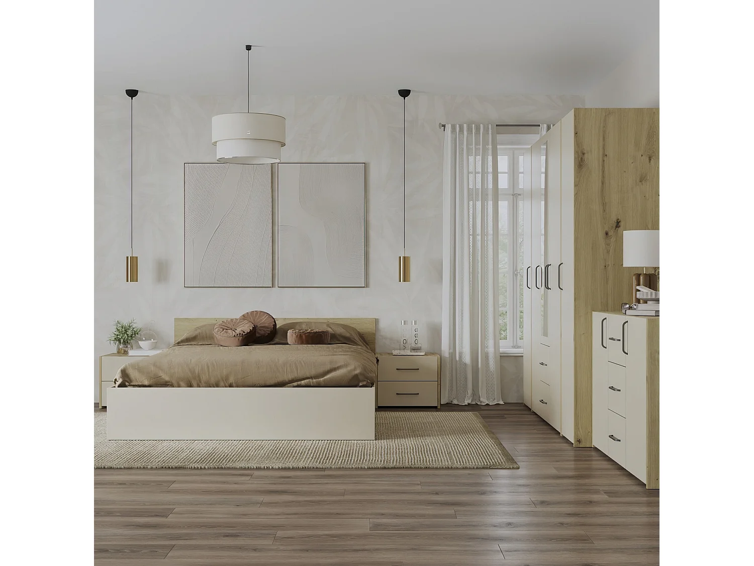 Set camera da letto haaus Malmo V9, Letto 200 x 160 cm, Rovere Artisan/Argilla