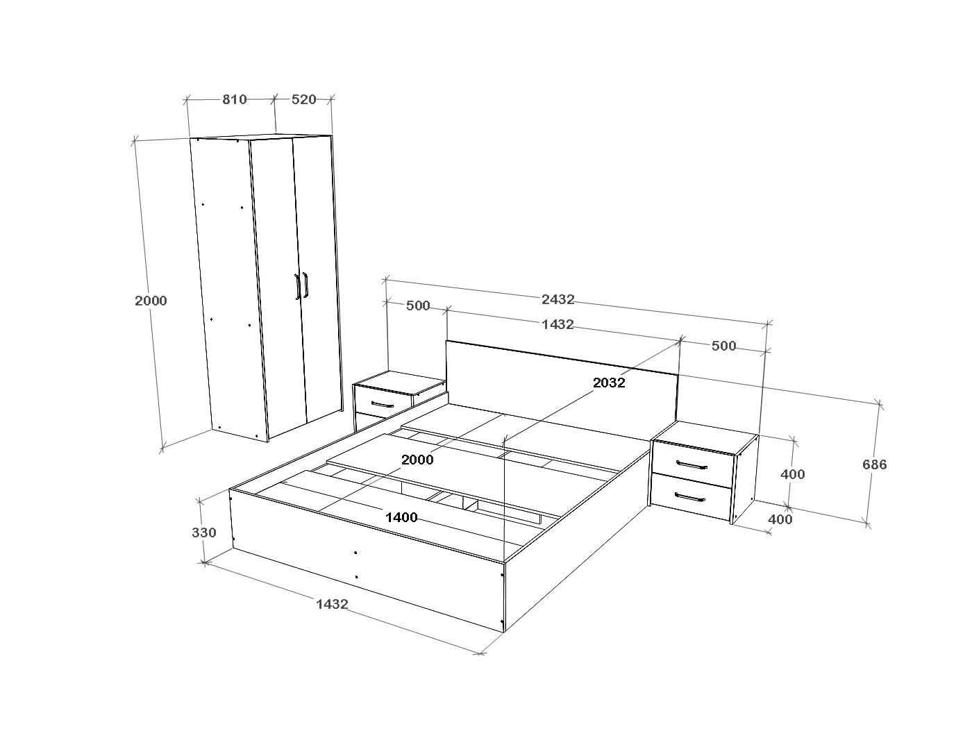 Set camera da letto haaus Malmo V16, Letto 200 x 140 cm, Rovere Artisan/Argilla