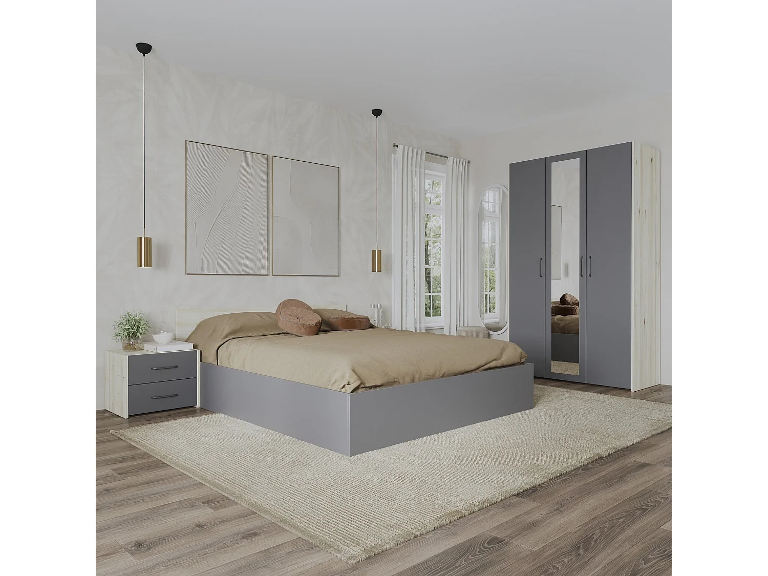 Set camera da letto haaus Malmo V3, Letto 200 x 160 cm, Rovere Bianco/Antracite