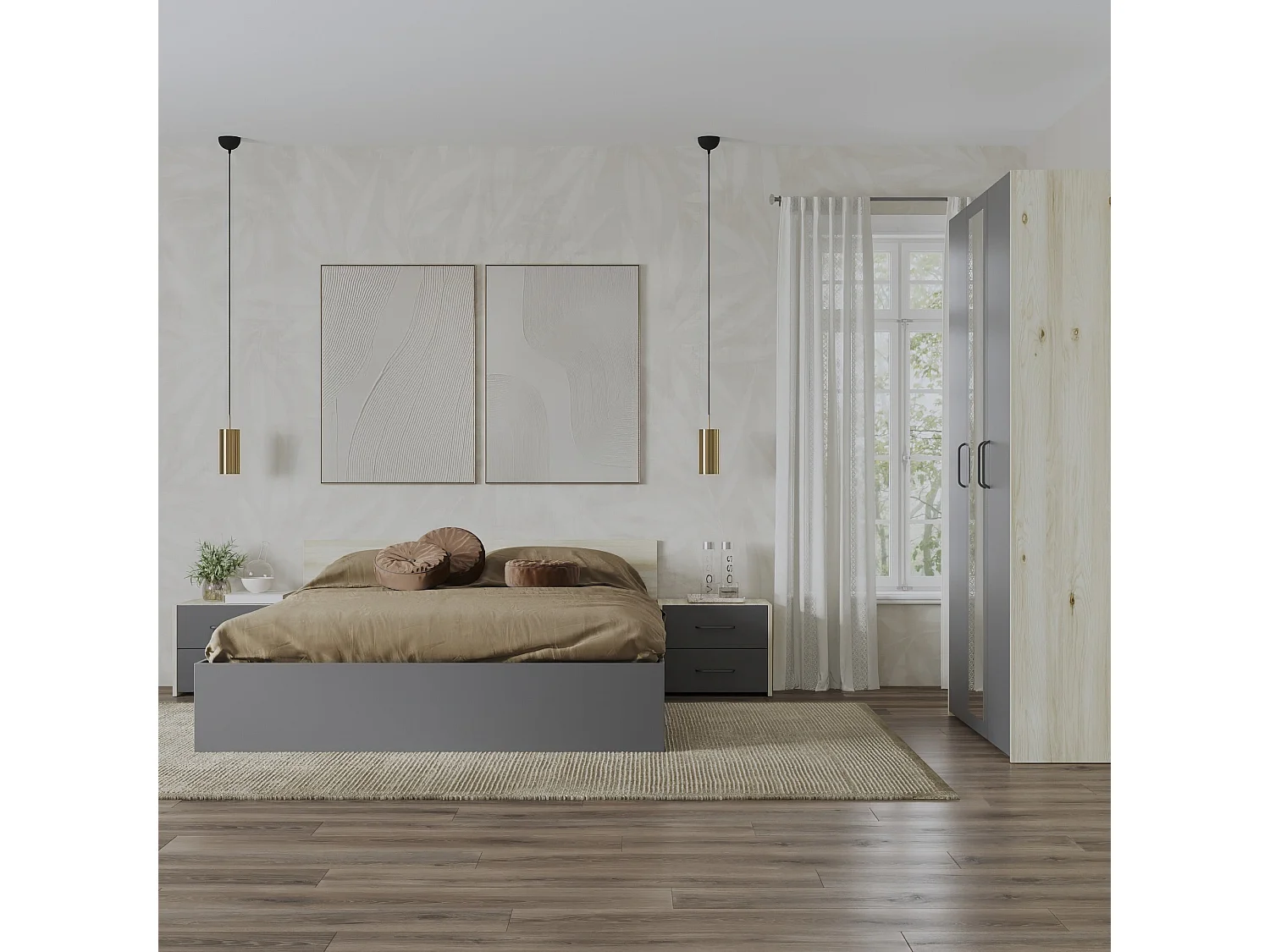 Set camera da letto haaus Malmo V3, Letto 200 x 160 cm, Rovere Bianco/Antracite