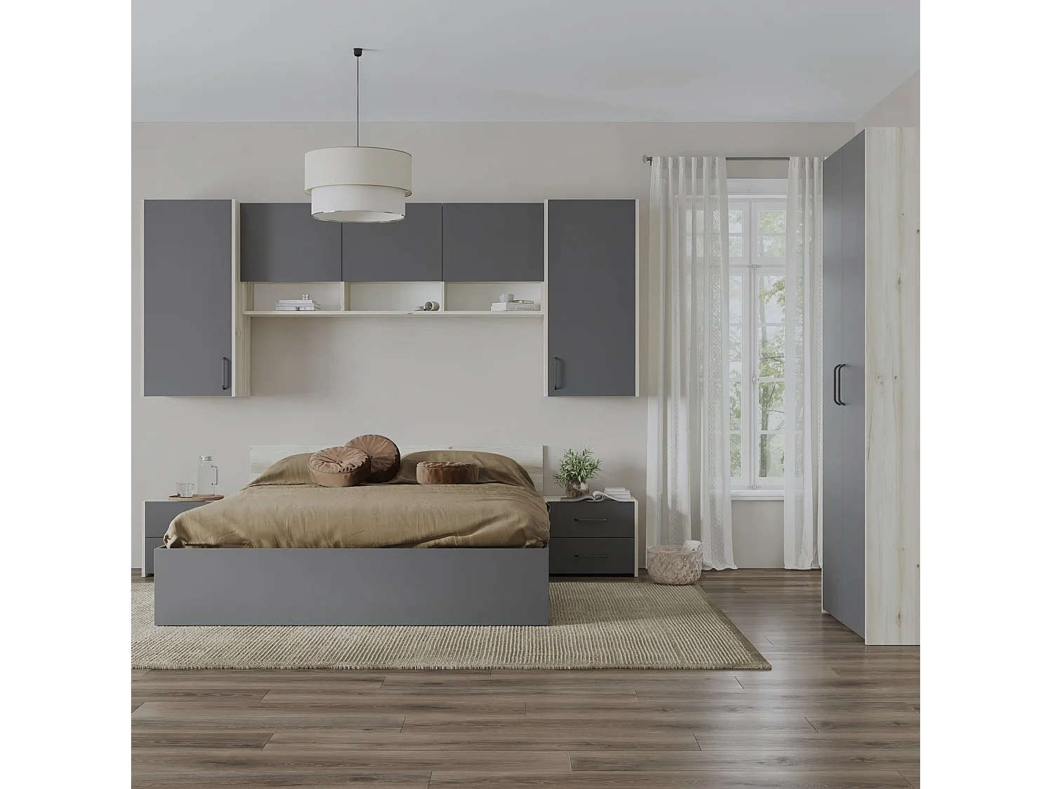 Set camera da letto haaus Malmo V17, Letto 200 x 160 cm, Rovere Bianco/Antracite