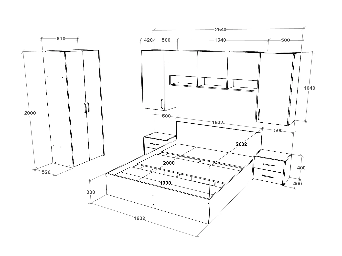 Set camera da letto haaus Malmo V17, Letto 200 x 160 cm, Rovere Bianco/Antracite