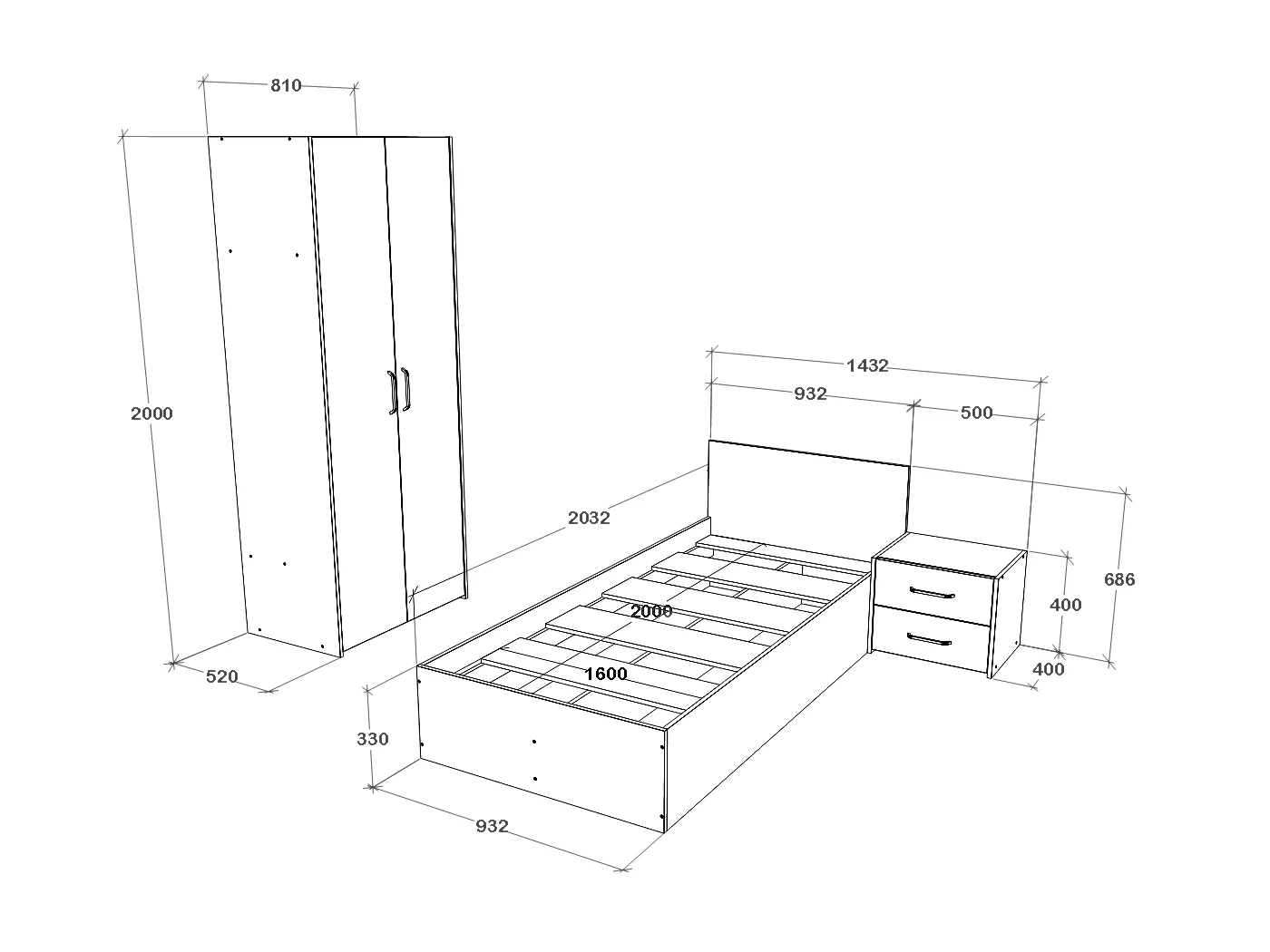 Set camera da letto haaus Malmo V18, Letto 200 x 90 cm, Rovere Bianco/Antracite