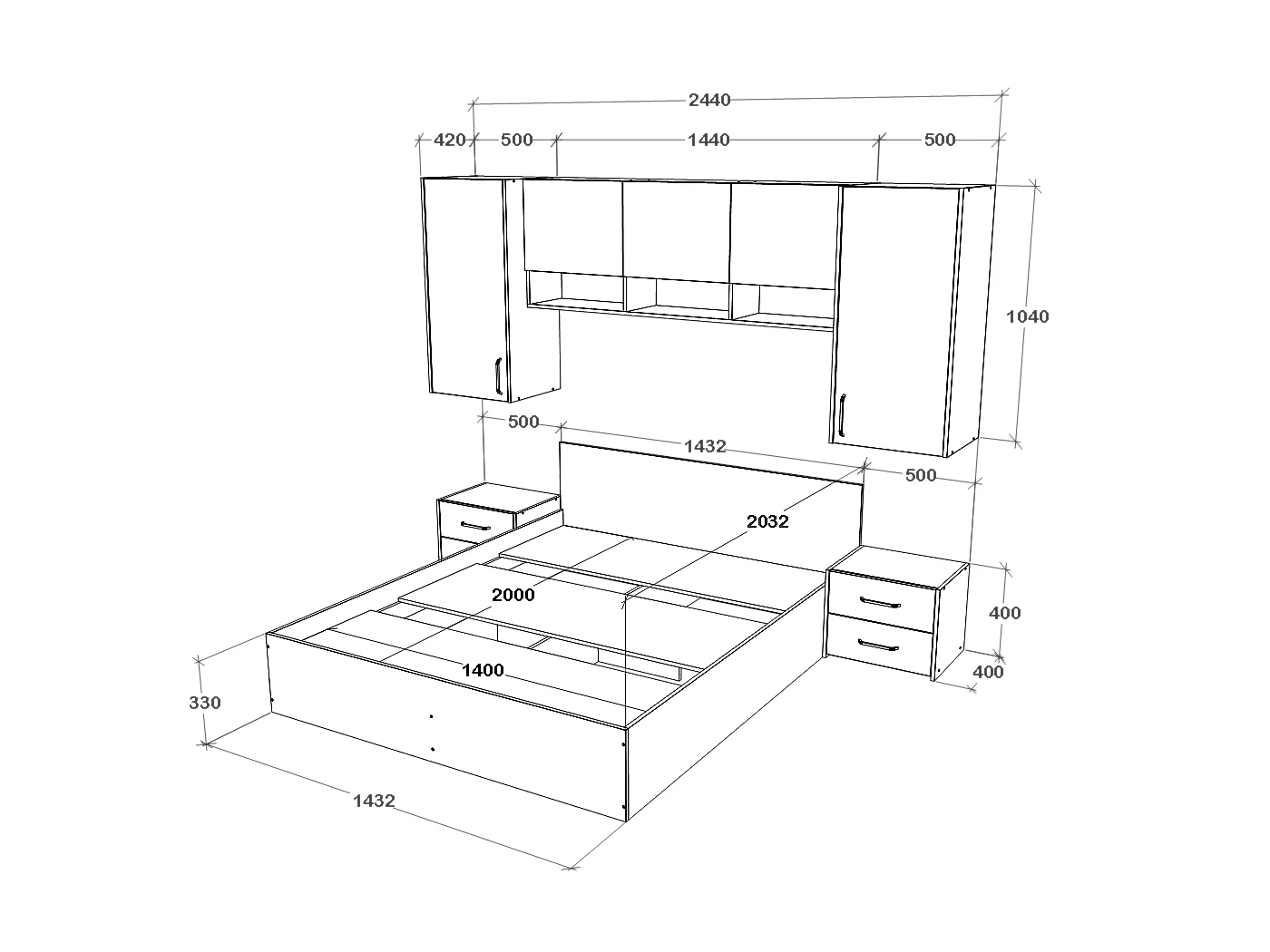 Set camera da letto haaus Malmo V13, Letto 200 x 140 cm, Rovere Bianco/Antracite