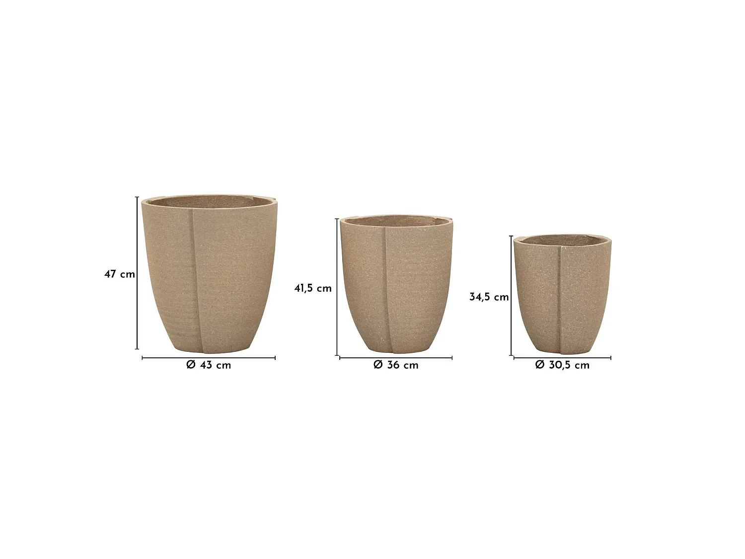 3er-Set Peru Tris Polyresin-Übertöpfe für den Außenbereich – Moderne graue Vasen, Ø 43 x 47, 36 x 41,5, 30,5 x 34,5 cm – Wetterfest – Modern