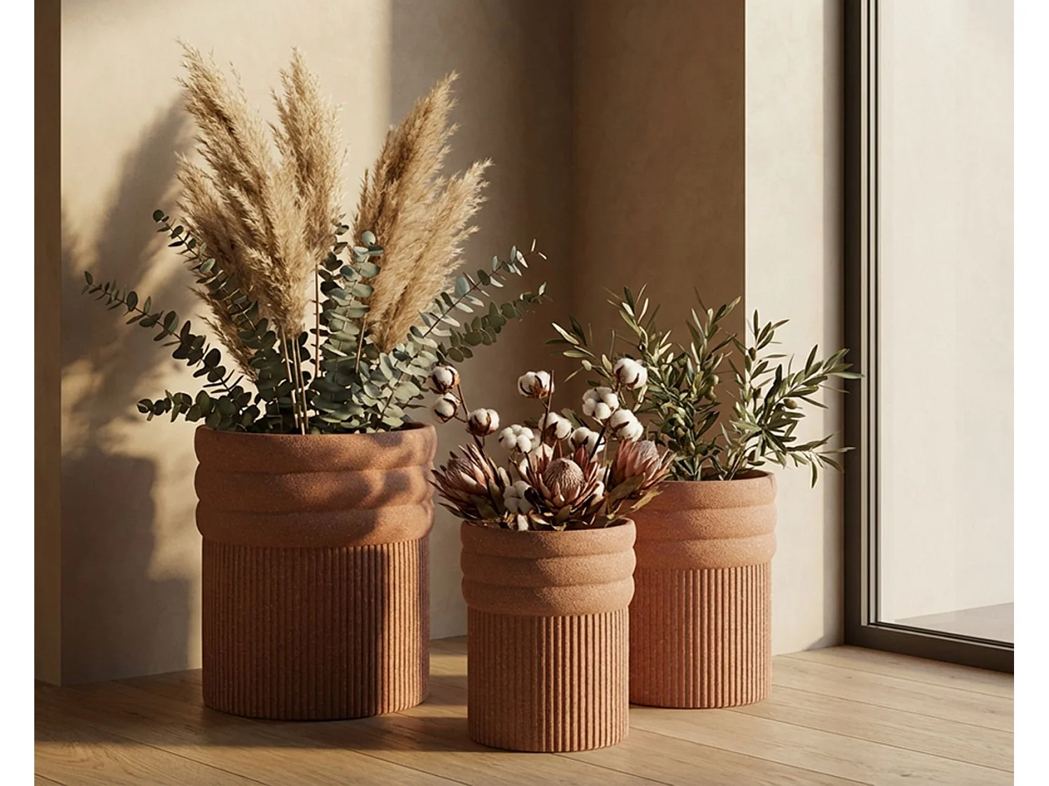 Set mit 3 Übertöpfen aus Polyresin "Colombia Tris" für den Außenbereich – Moderne rote Vasen, Ø 41,5 x 50, 36 x 45, 30,5 x 39,5 cm – Robust und dekorativ