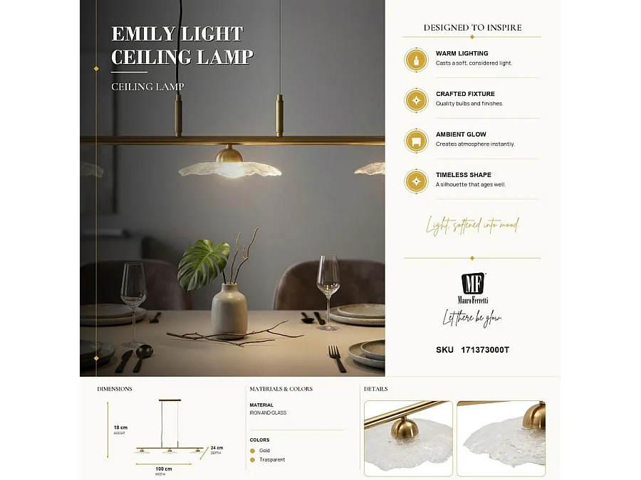 Emily 3-lichts glamour kroonluchter - Gouden metalen en transparante glazen structuur, modern en helder design, E27 fitting - 100x24x18 cm