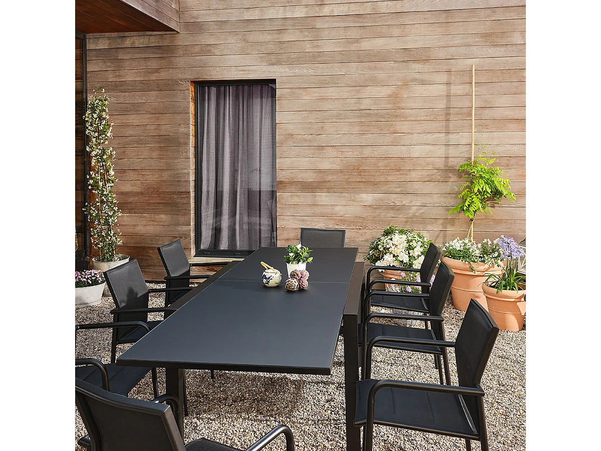 Set da giardino in alluminio e textilene nero per 6-10 persone