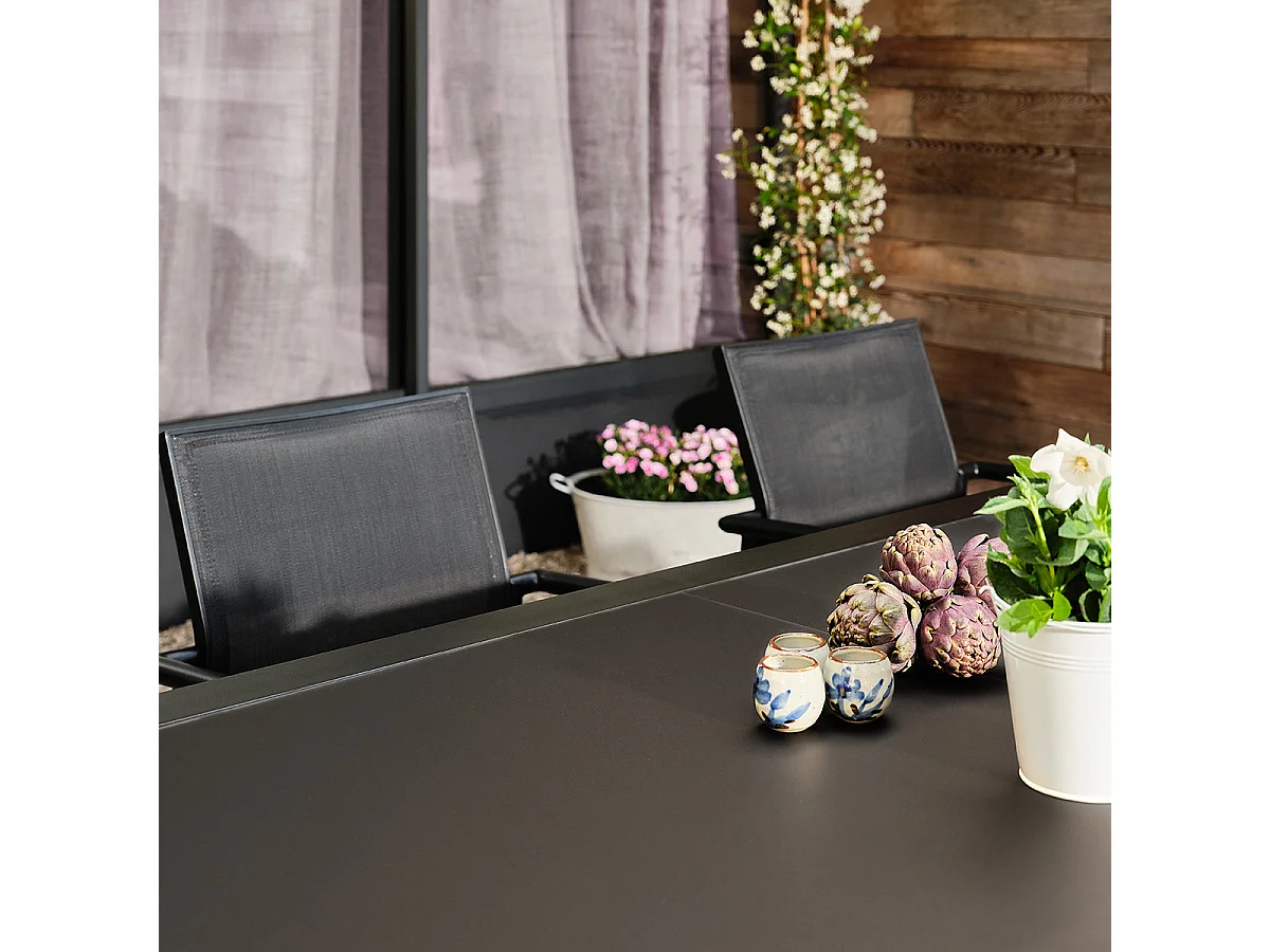 Set da giardino in alluminio e textilene nero per 6-10 persone