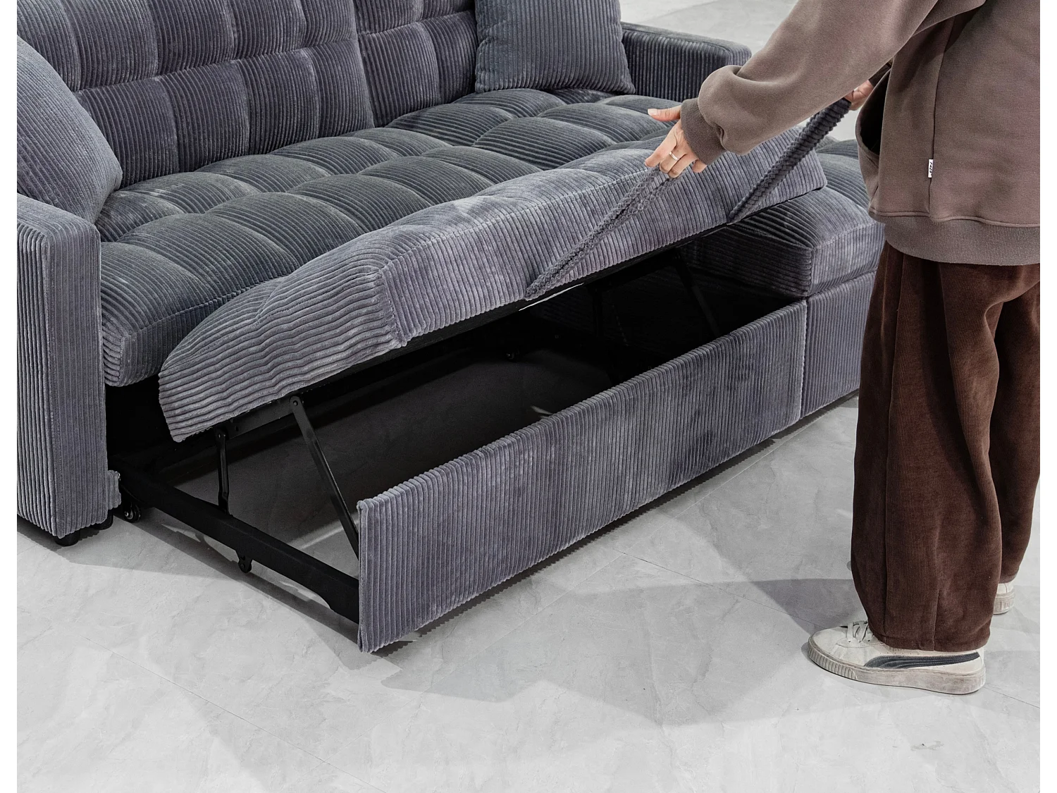Modena Jumbo Cord 3-Seater Pull Out Sofabed with Reversible Storage Chaise, L-Shape Corner Sofa in Grey