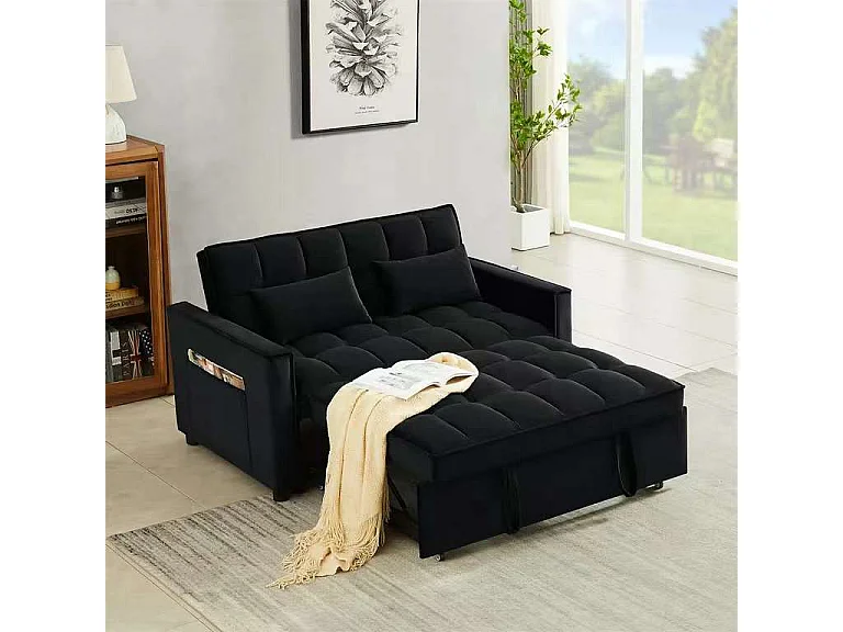 Barcelona Velvet 2-Seater Loveseat Sofa, Pull Out Sofabed in Black