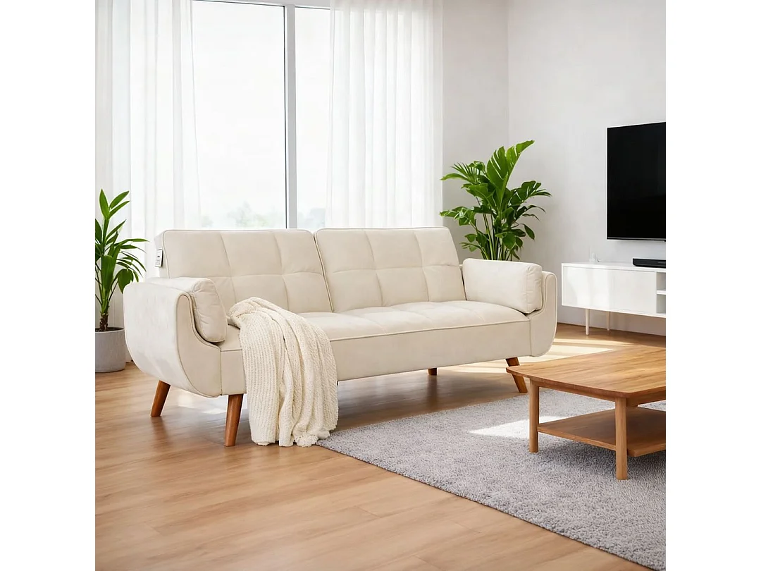 Tempo Velvet 3-Seater Click Clack Sofa Bed Futon Settee in Cream