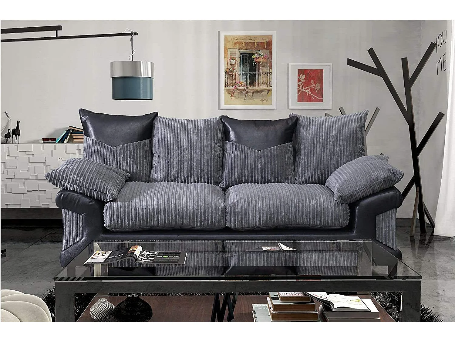 Luca Jumbo Cord with Leather Accents 3+2 Sofa Set in Grey & Black