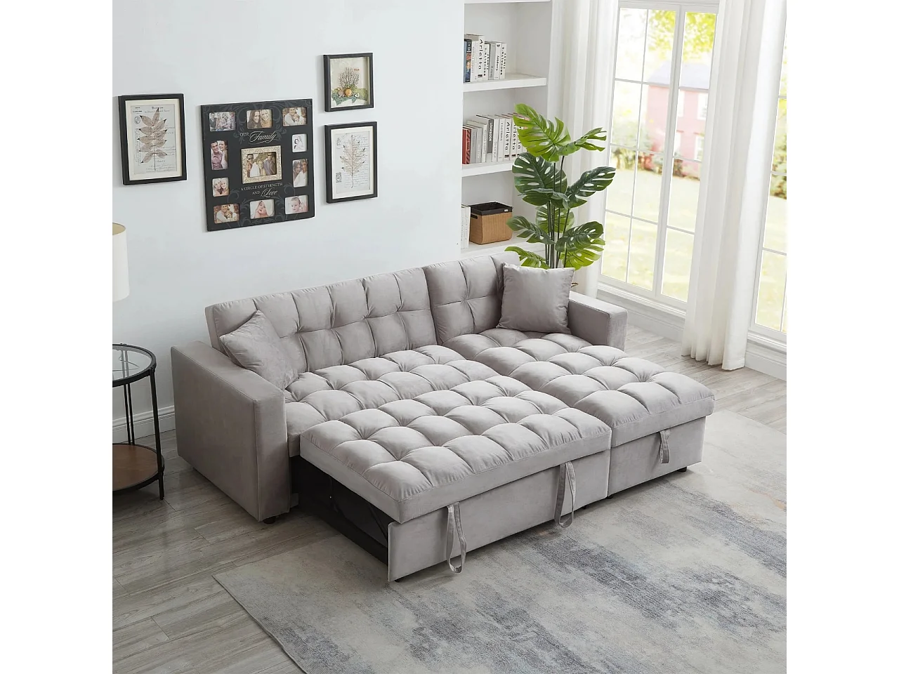Barcelona Velvet 3-Seater Pull Out Sofabed with Reversible Storage Chaise, L-Shape Corner Sofa in Grey