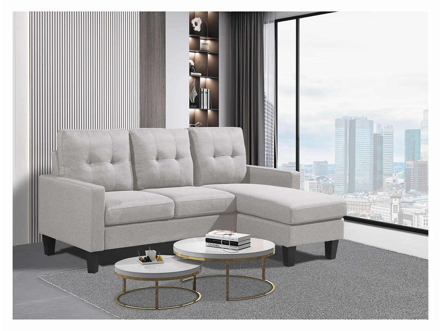 Portofino Linen 3-Seater Corner Sofa with Chaise & Reversible Ottoman in Beige