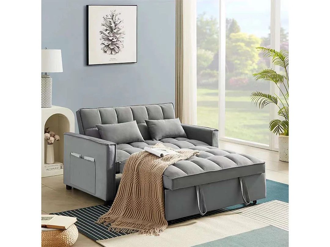 Barcelona Velvet 2-Seater Loveseat Sofa, Pull Out Sofabed in Grey