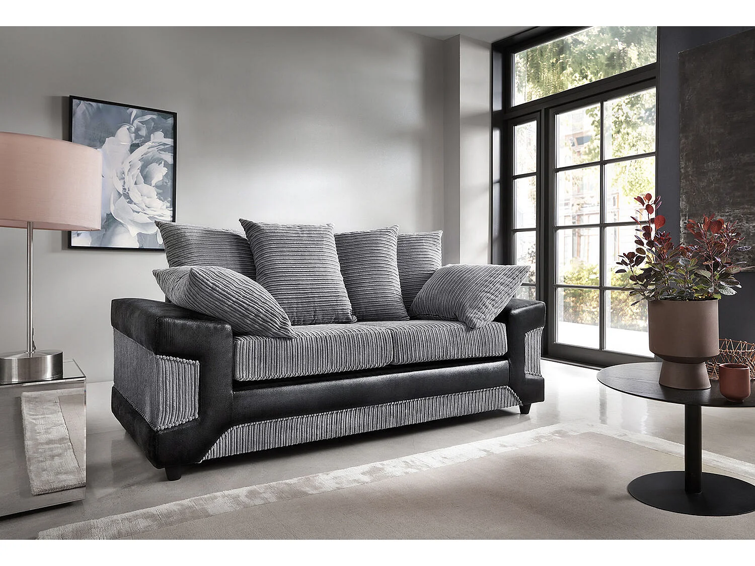 Arlo Jumbo Cord Fabric with Leather-Effect Arms 3-Seater Sofa in Grey