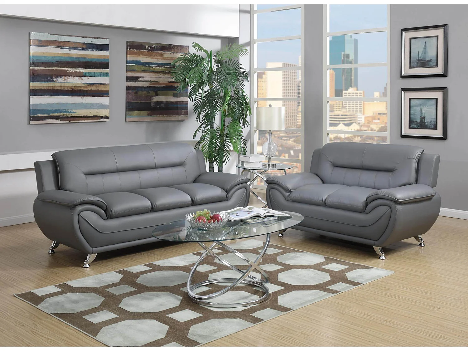 Saturn Leather 3+2 Sofa Set in Grey