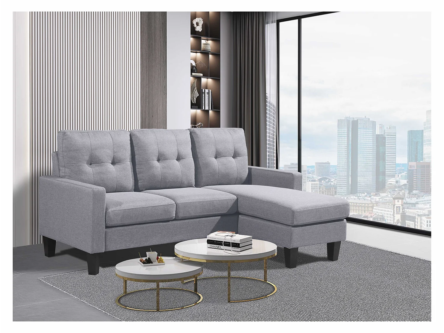 Portofino Linen 3-Seater Corner Sofa with Chaise & Reversible Ottoman in Grey