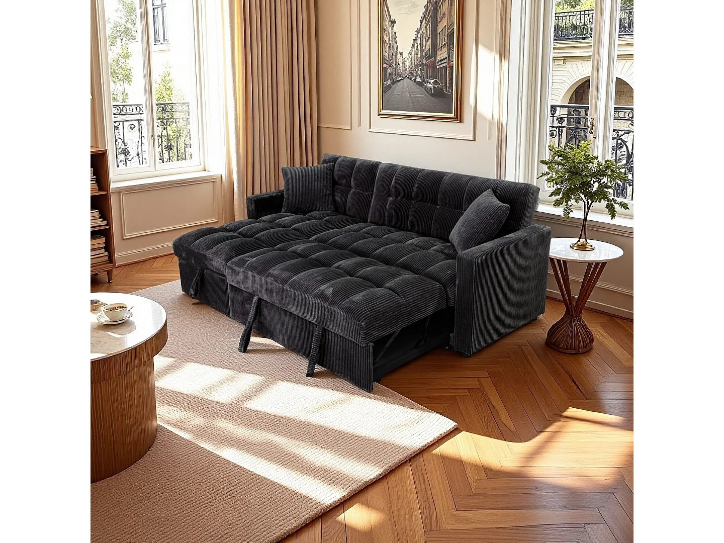 Modena Jumbo Cord 3-Seater Pull Out Sofabed with Reversible Storage Chaise, L-Shape Corner Sofa in Black