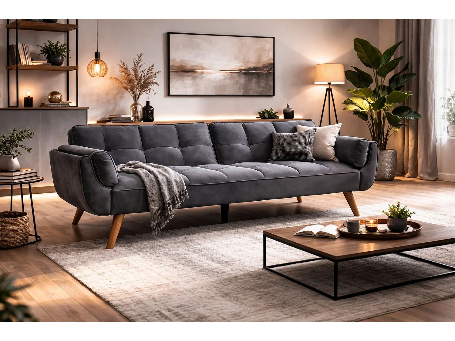 Tempo Velvet 3-Seater Click Clack Sofa Bed Futon Settee in Dark Grey