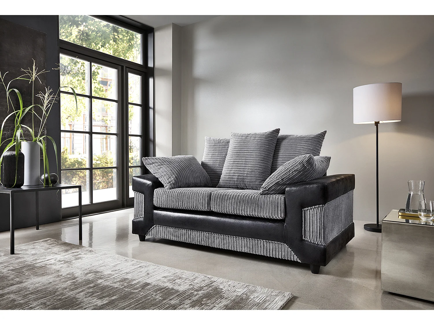 Arlo Jumbo Cord Fabric with Leather-Effect Arms 2-Seater Loveseat Sofa in Grey