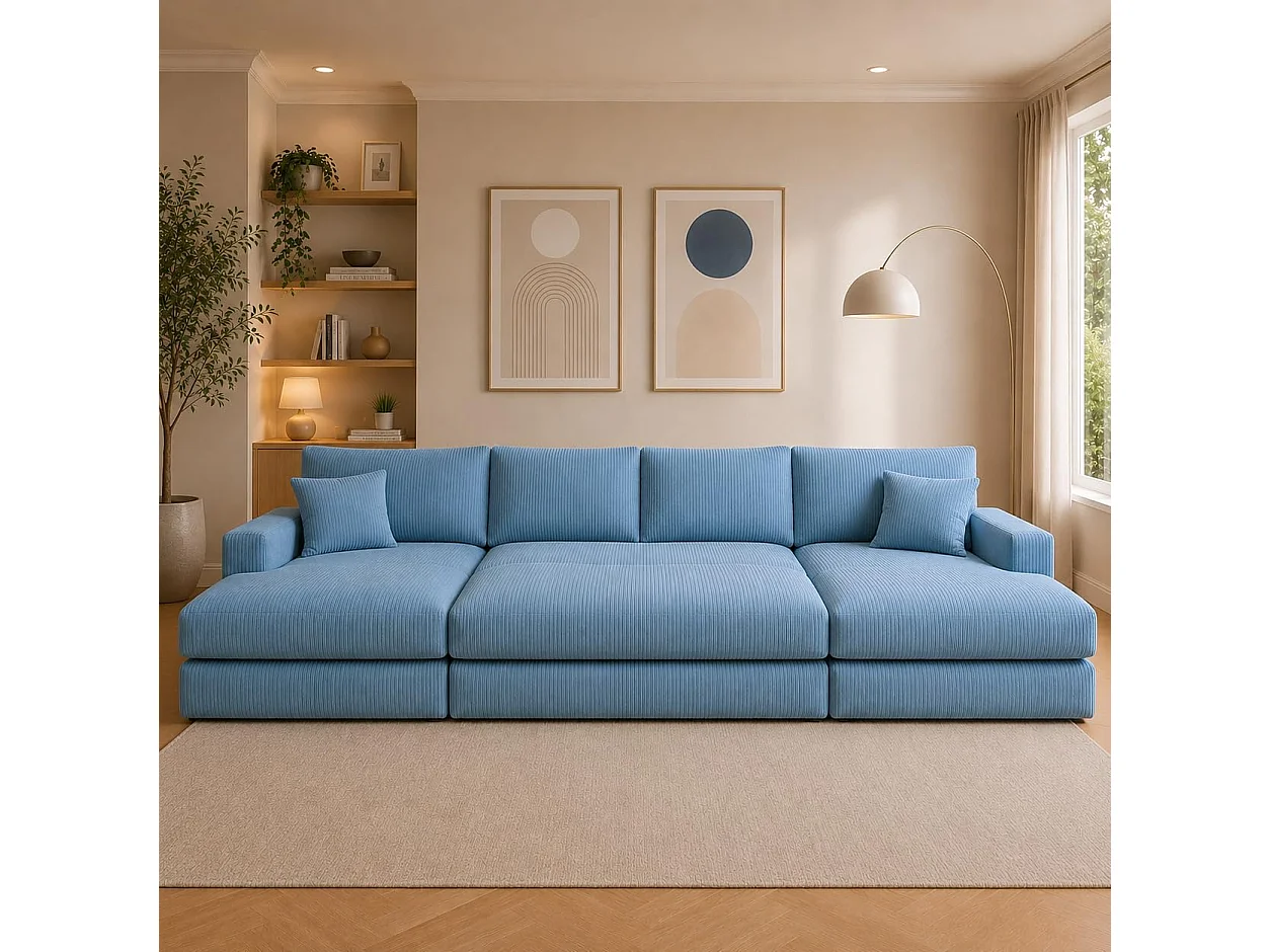 Rest Jumbo Cord Fabric Corner Sofa with Footstool in Sky Blue