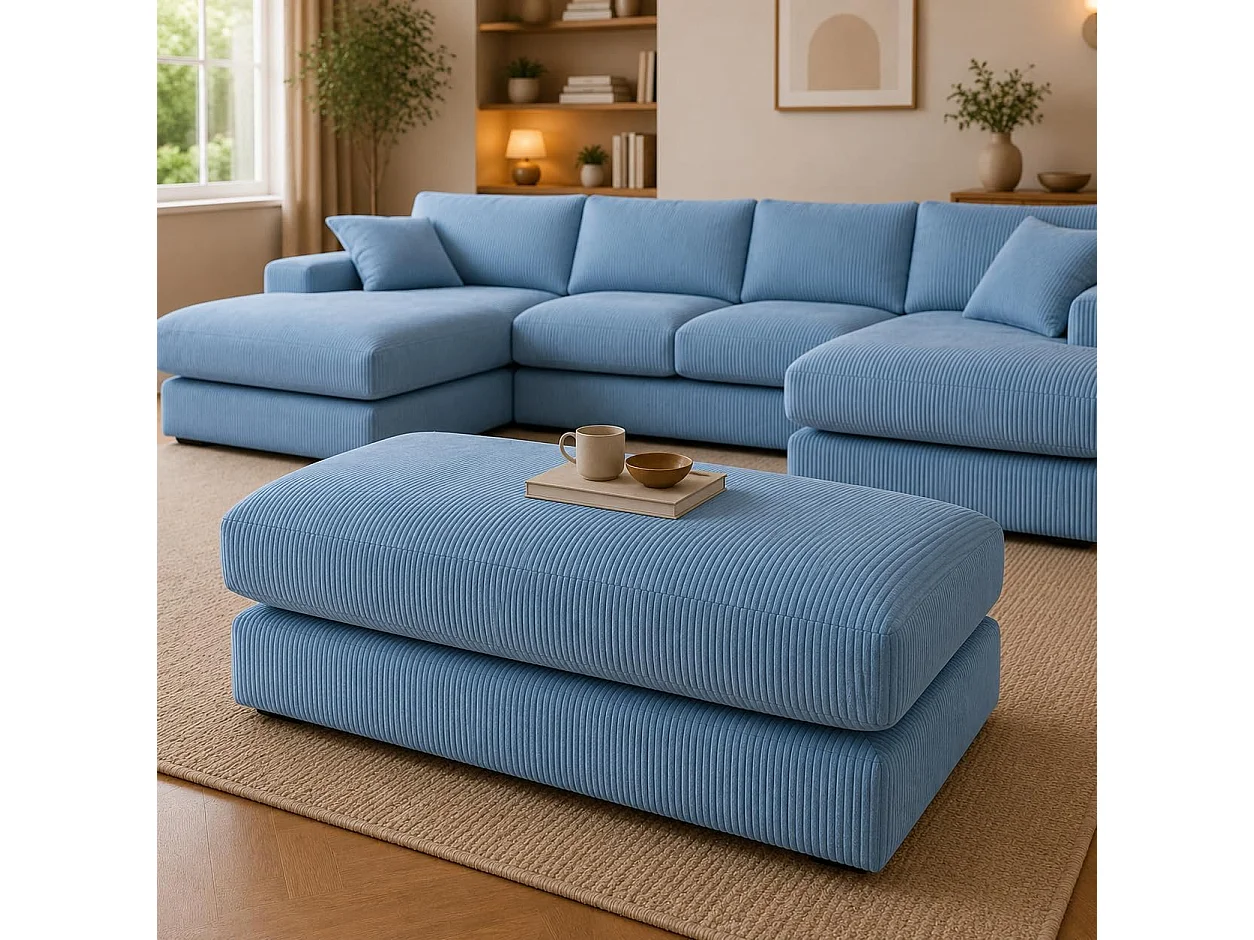 Rest Jumbo Cord Fabric Corner Sofa with Footstool in Sky Blue