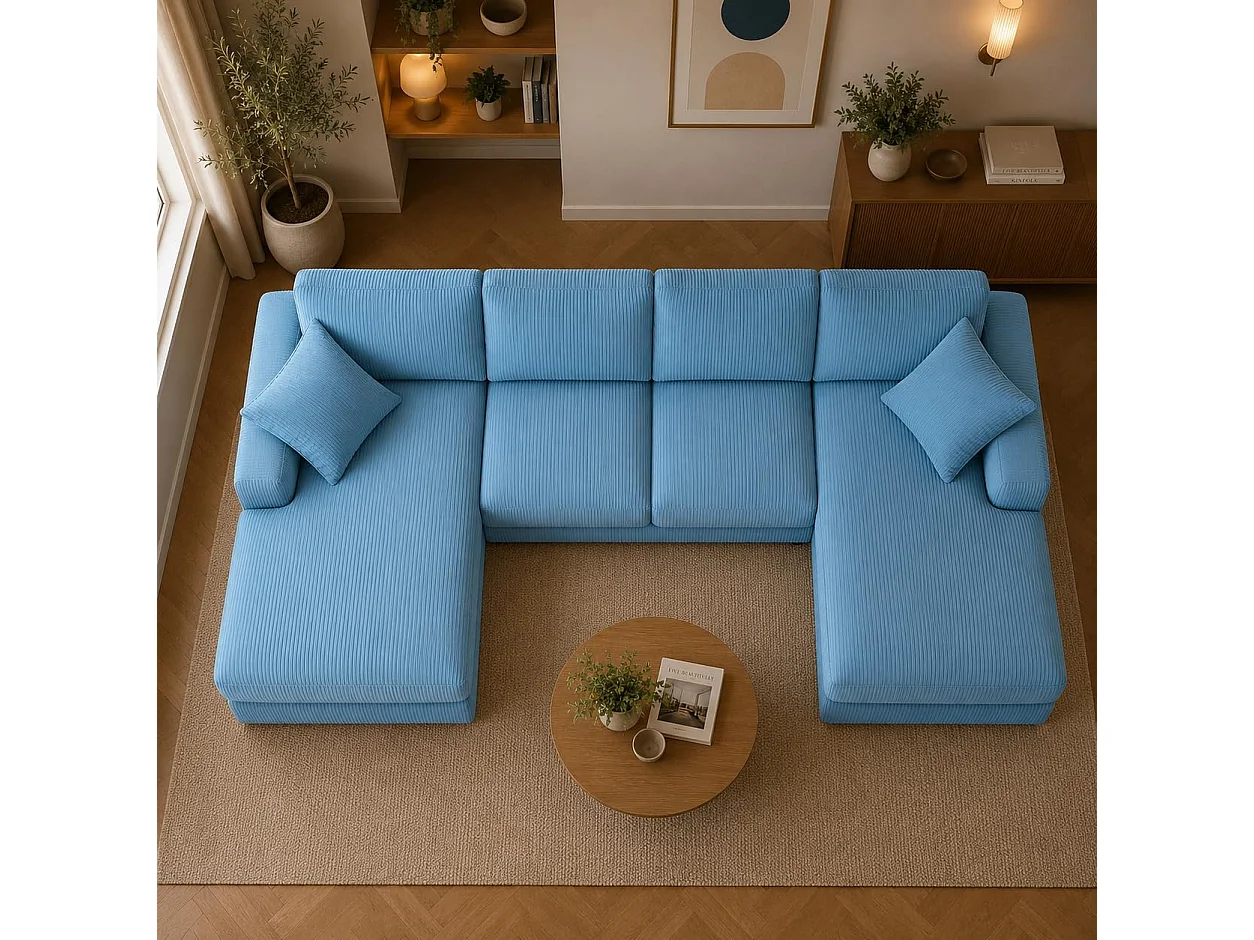 Rest Jumbo Cord Fabric Corner Sofa with Footstool in Sky Blue