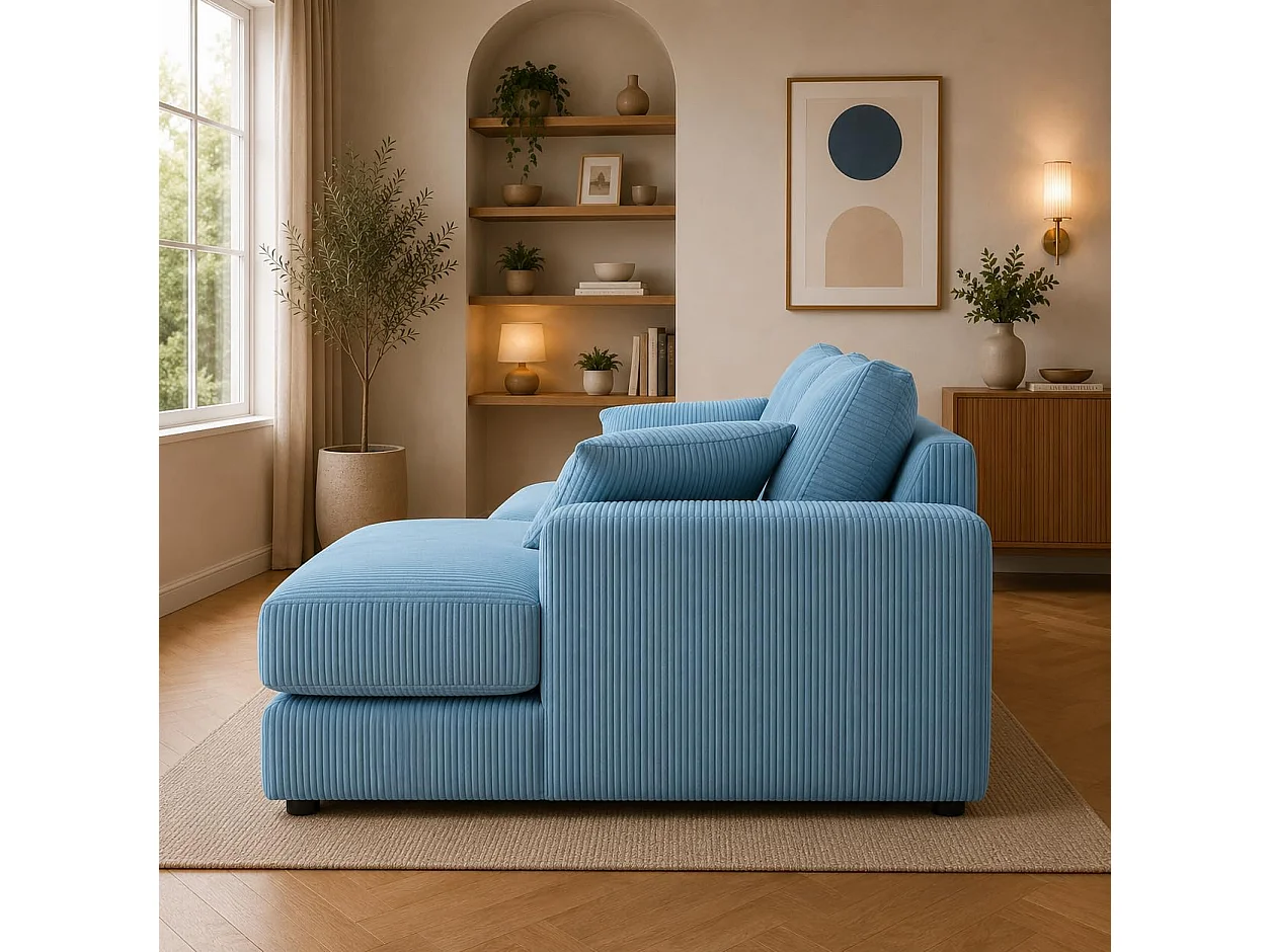 Rest Jumbo Cord Fabric Corner Sofa with Footstool in Sky Blue