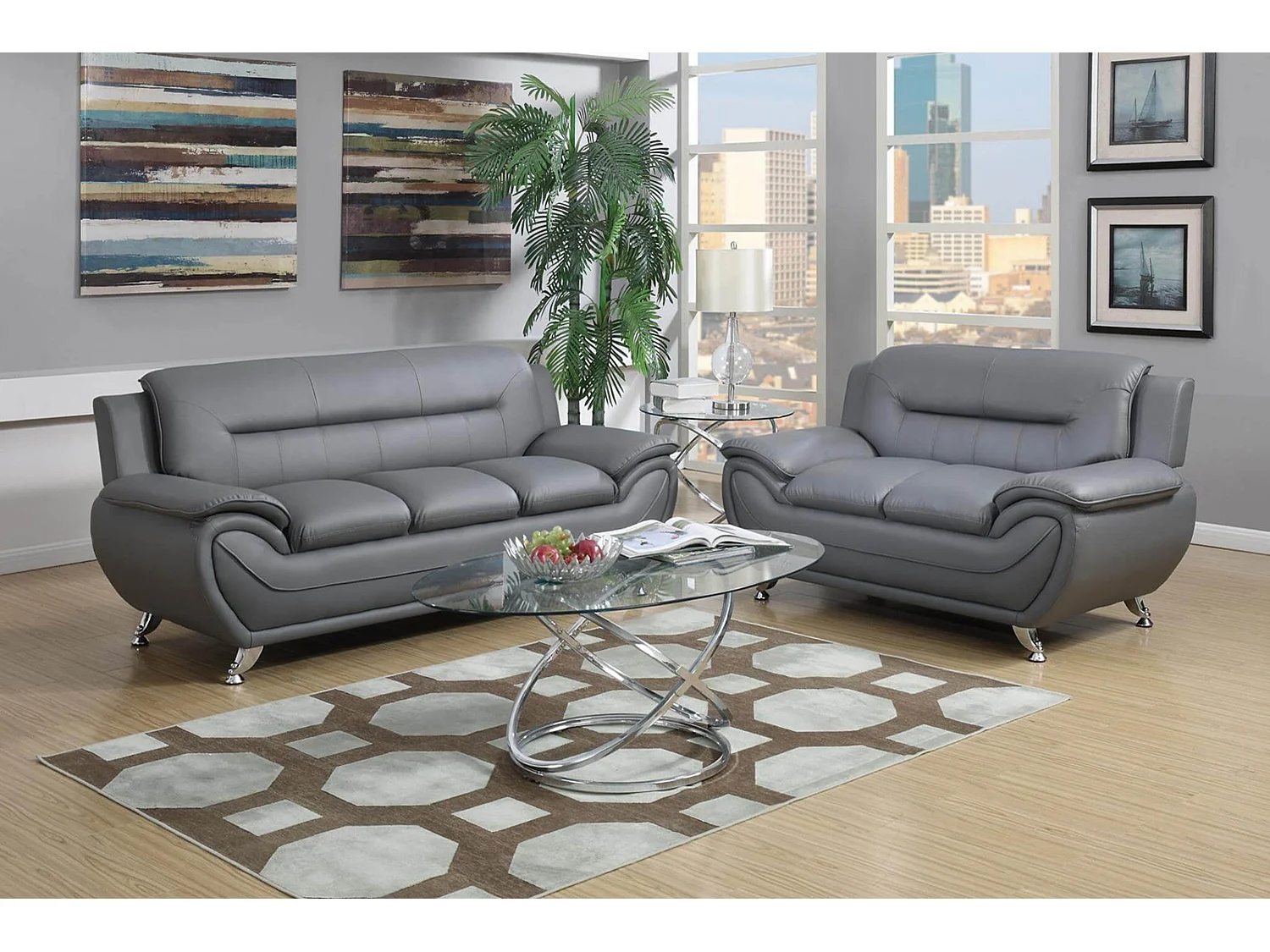 Celestina Modern Leather 3 Plus 2 Seater Sofa Set in Grey