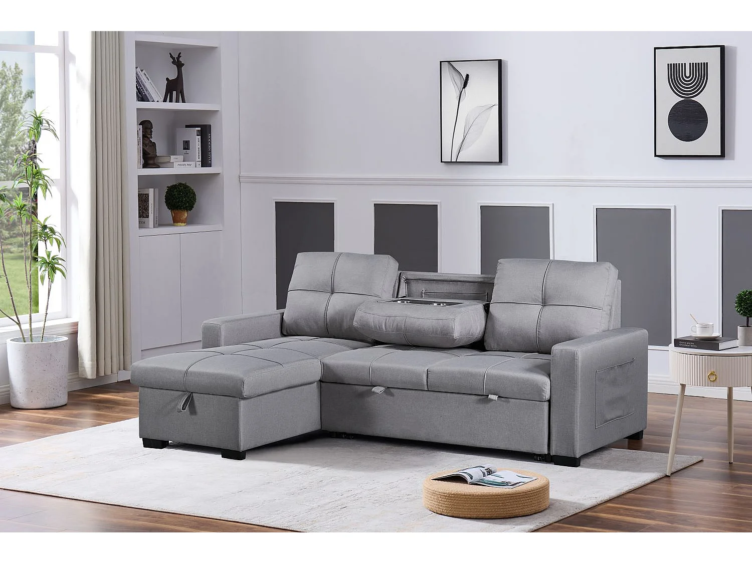 Veda Linen 3-Seater Pull Out Sofabed with Reversible Storage Chaise, L-Shape Corner Sofa in Light Grey