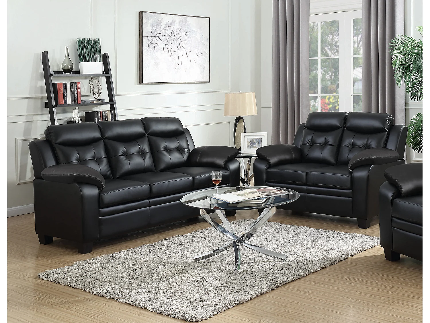 Jupiter Leather Tufted Button 3+2 Sofa Set in Black