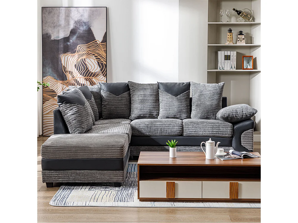 Luca Jumbo Cord with Leather Accents Left Facing Corner Sofa in Grey & Black